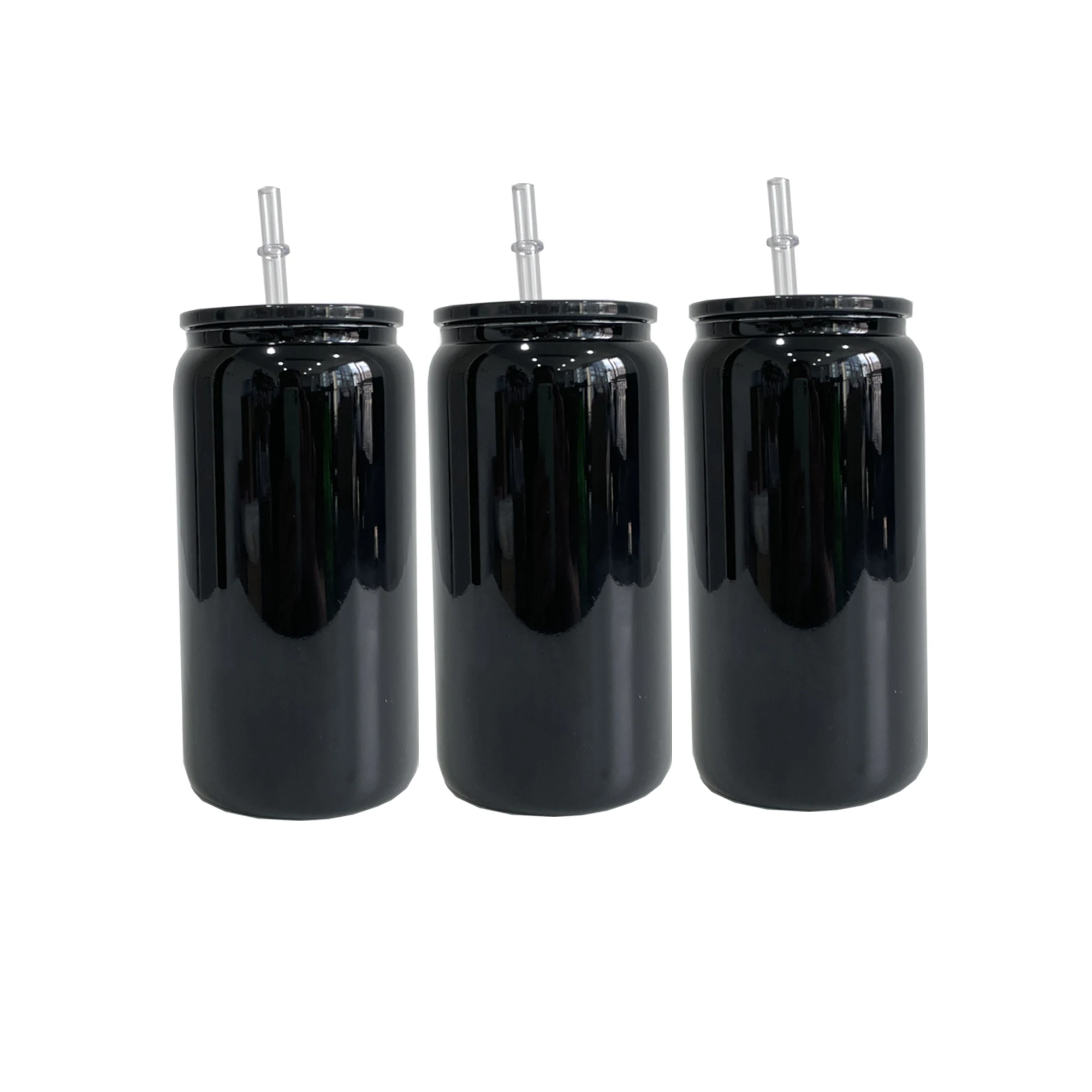 Wholesale bulk black glass can 16oz beer glasses Recyclable Borosilicate black 16oz beer can with clear plastic straw for vinyl
