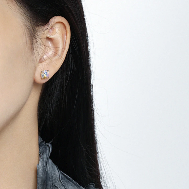 Wuqie Fashion 925 Sterling Silver Minimalist Piercing Screw Lock Ball Square Zirconium Stud Earrings