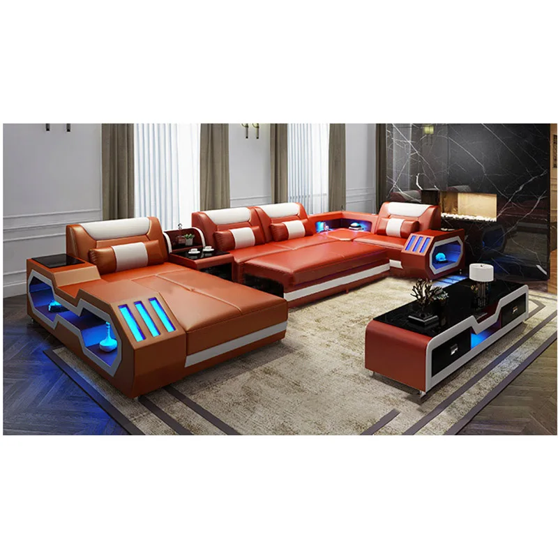 furniture factory provided living room sofas modern style genuine leather sofa  u shaped corner sofa design Led light set ly001