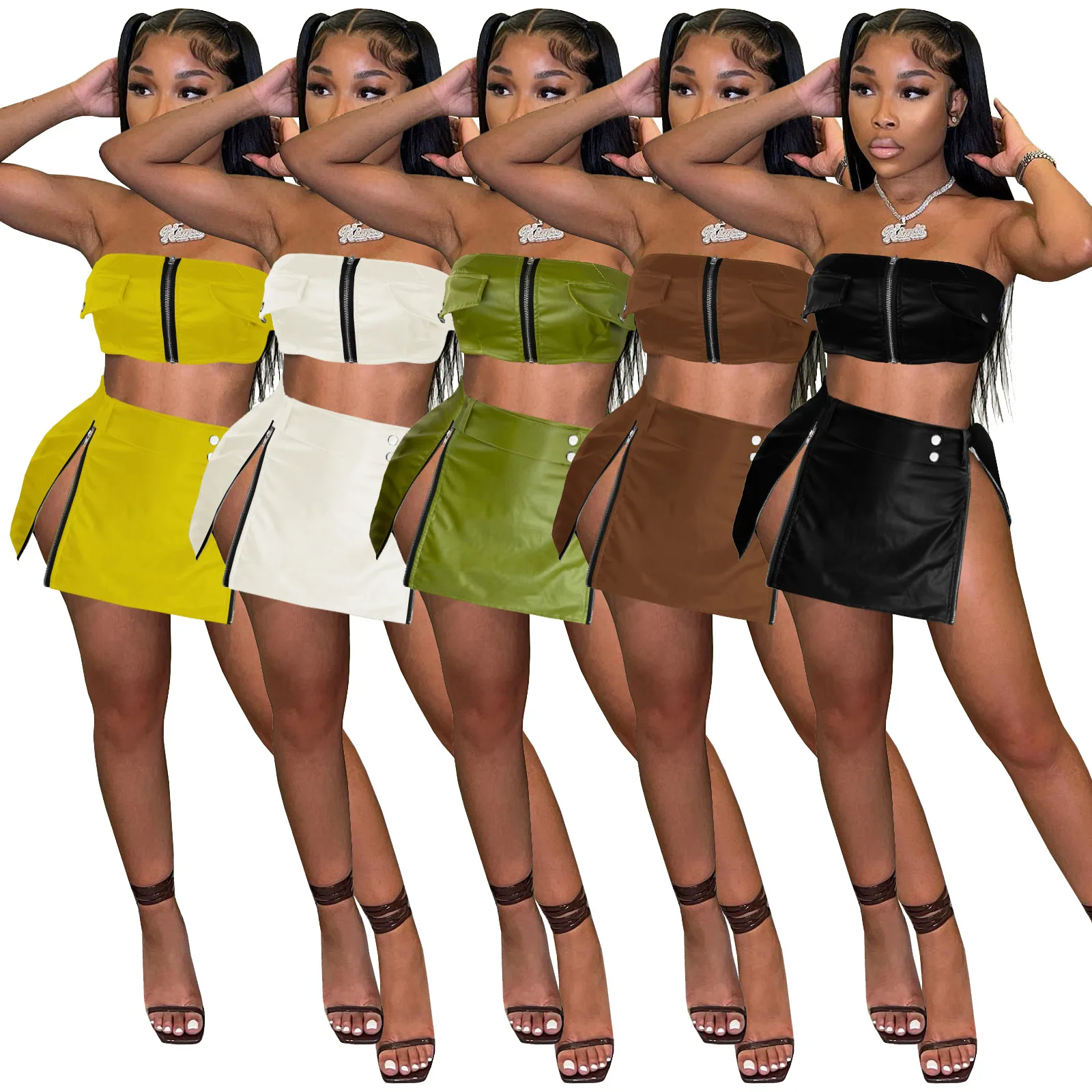 2023 New Summer Fashion Pu Leather Strapless Crop Top And Zipper Split Short Skirt 2 Piece Set Solid Bodycon Sexy Lady