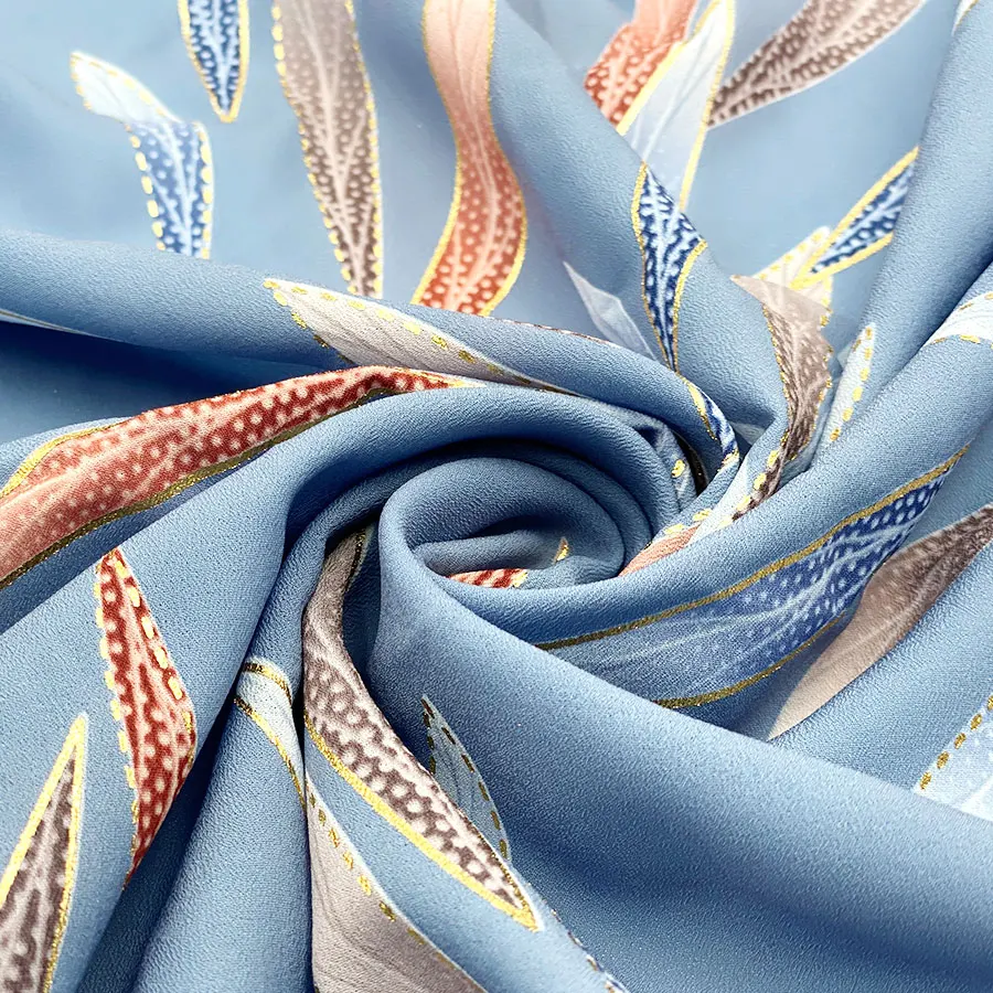 Manufacturer price women dress cloth faille salix leaf outline gold metallic printing poly georgette fabric