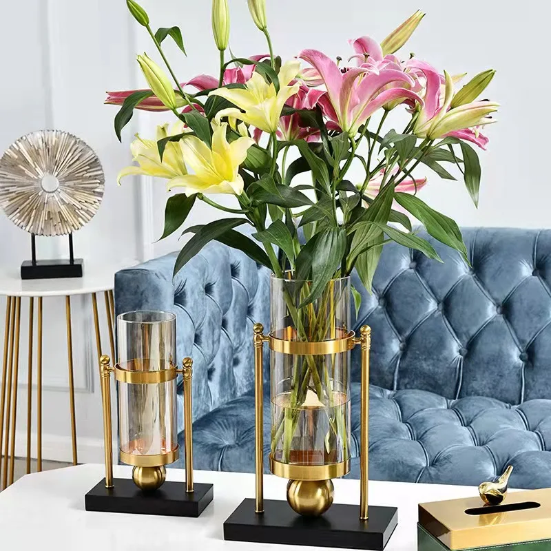 Cheap Household Decoration Luxury Home Accessories Modern Wedding Flower Metal Plant Vase Glass Candle Holders for Living Room
