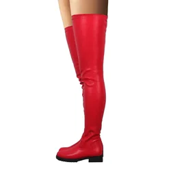 Cowinner Womens Thigh High Boots Round Toe Low Chunky Heel Flat Slip On  PU Over the Knee High Boots
