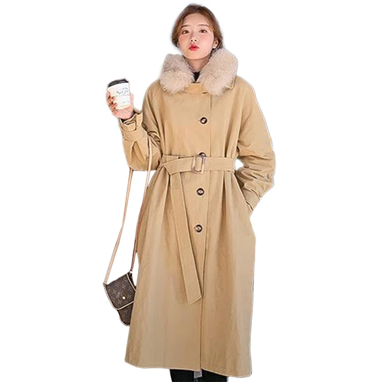 Korean winter thick lapel long-sleeved fur collar long padded trench coat