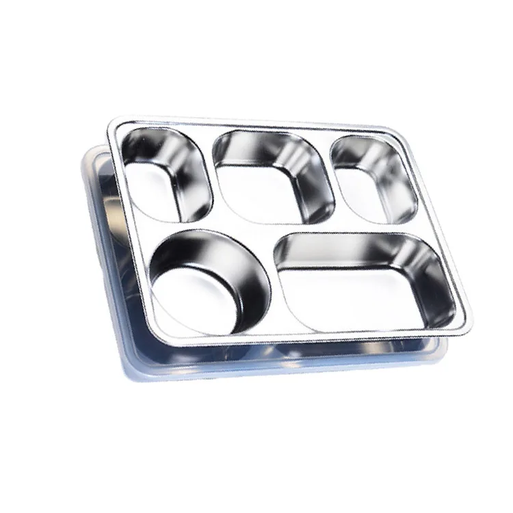 Hot Sale School Restaurant 5 Compartment Lunch Buffet Plate Stainless Steel Food Lunch Metal Serving Tray With Lid