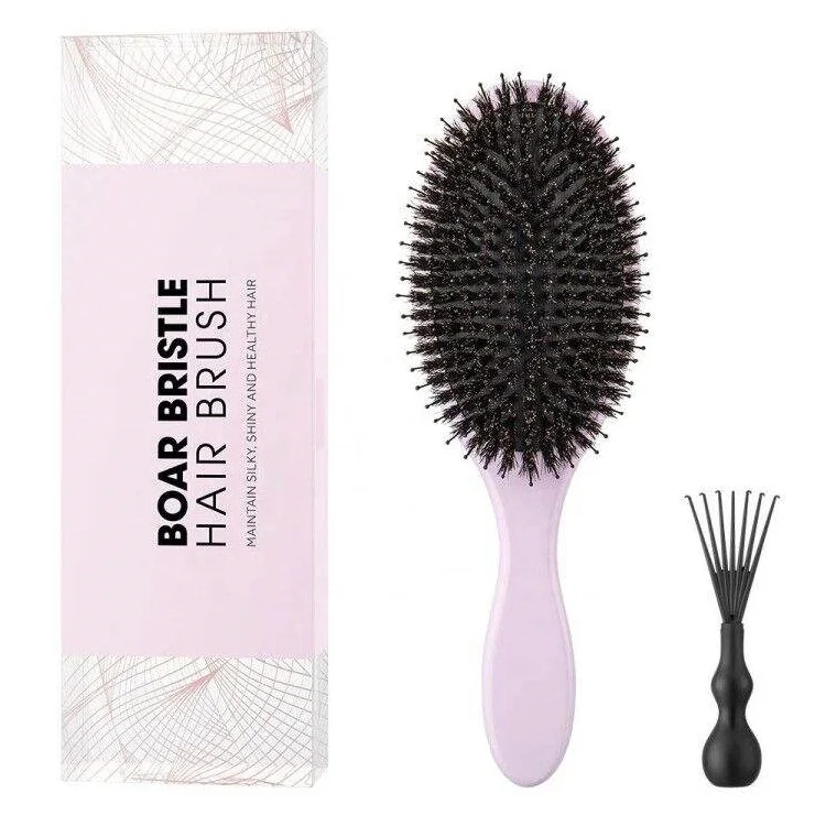 2023 Hot Sell Wholesale Pink Color Wooden Handle Hair Brush With Boar Bristles Mix Nylon Logo Custom Support Hair Brush Set