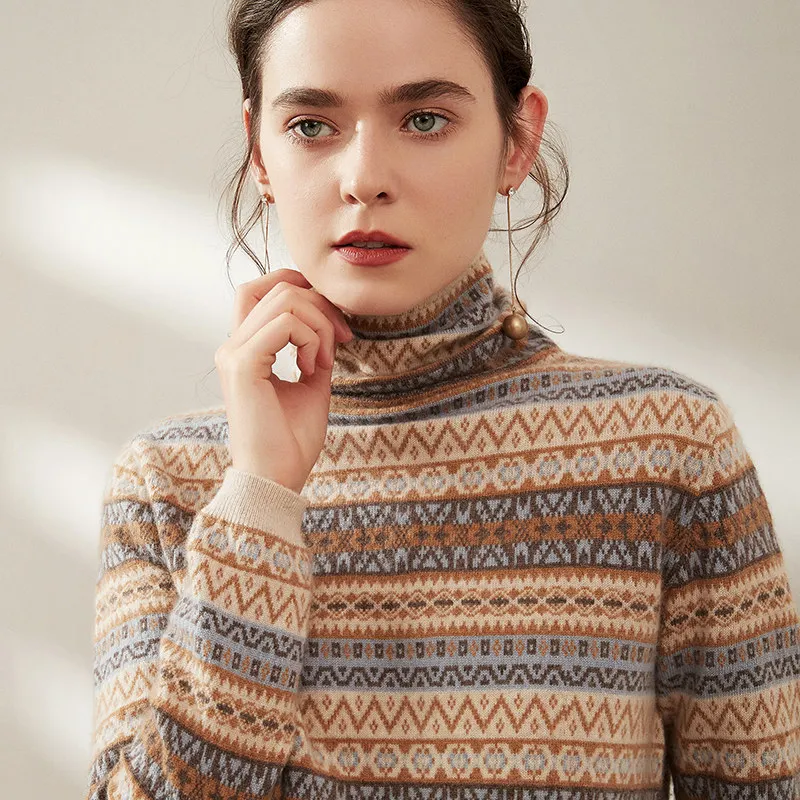 
OEM ODM Winter Women Knit Turtleneck 35% Cashmere 65% Merino Wool Ugly Christmas Sweaters 