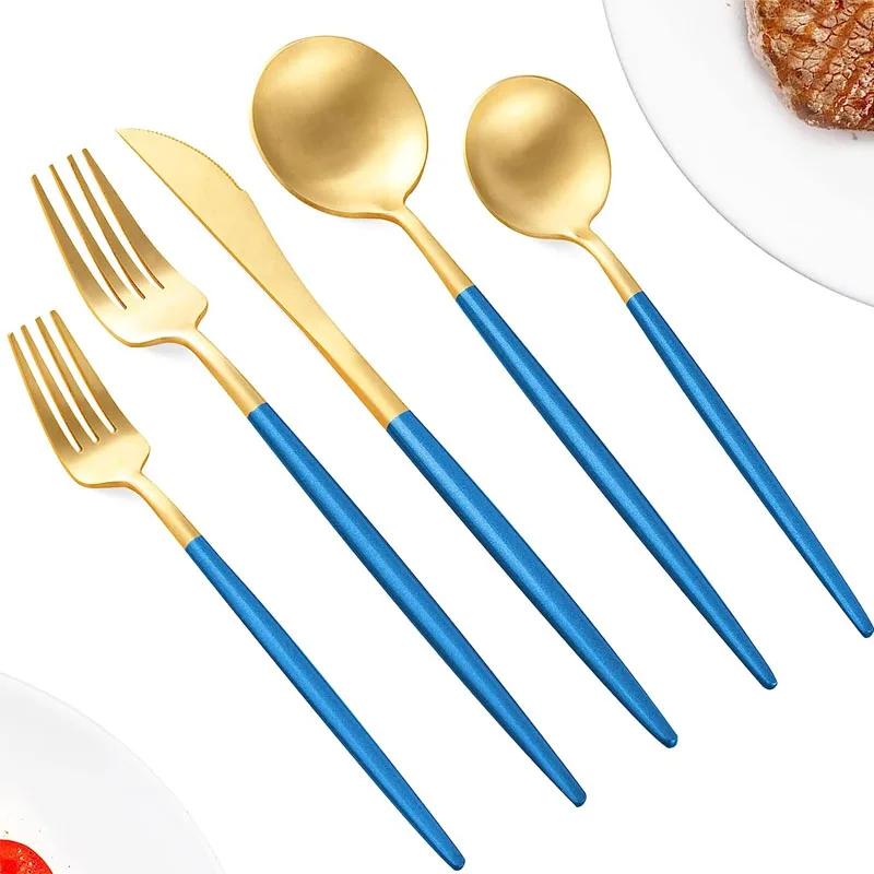 Portuguese Matte Gold and Navy blue handle steel flatware cutlery set providers