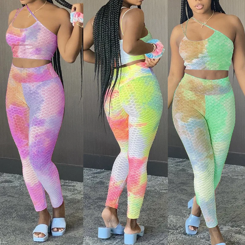 Wholesale Gym Fitness Sets Workout Clothing Women Anti Cellulite Scrunch Butt Leggings Set and Tie Dye Sports Bra