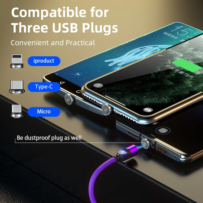 Оптовая продажа нейлоновый Плетеный Магнитный кабель micro usb 3 в 1 вращающийся на 360 градусов соединитель быстрый зарядный для мобильного