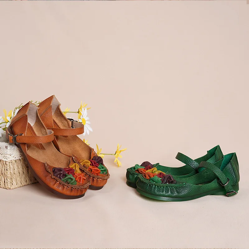 
Women Fancy Flat Shoe Loafer Floral Bohemian Round Toe Handmade Genuine Leather Casual Soft Sole Shoe Lady Ballet Shoe 