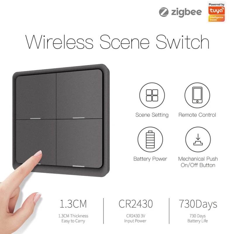 4 Gang Tuya ZigBee Wireless 12 Scene Switch Push Button Controller Battery Powered Automation Scenario For Tuya Devices