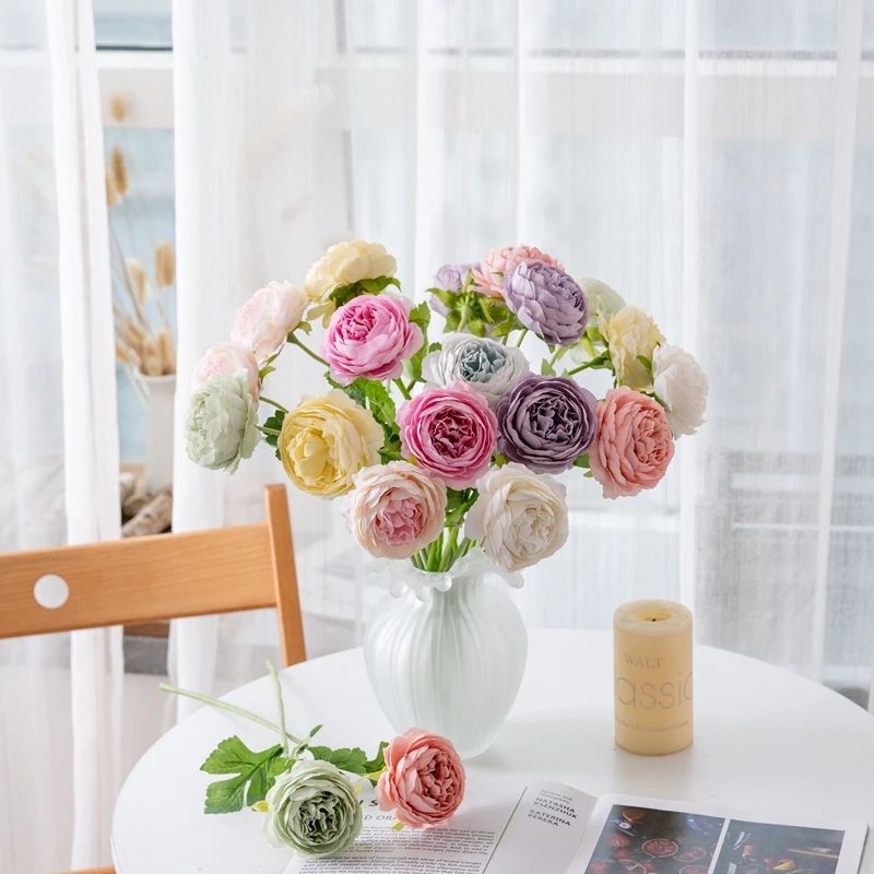 Silk Ranunculus Stems White Artificial Flower Bush Wedding Home Decoration