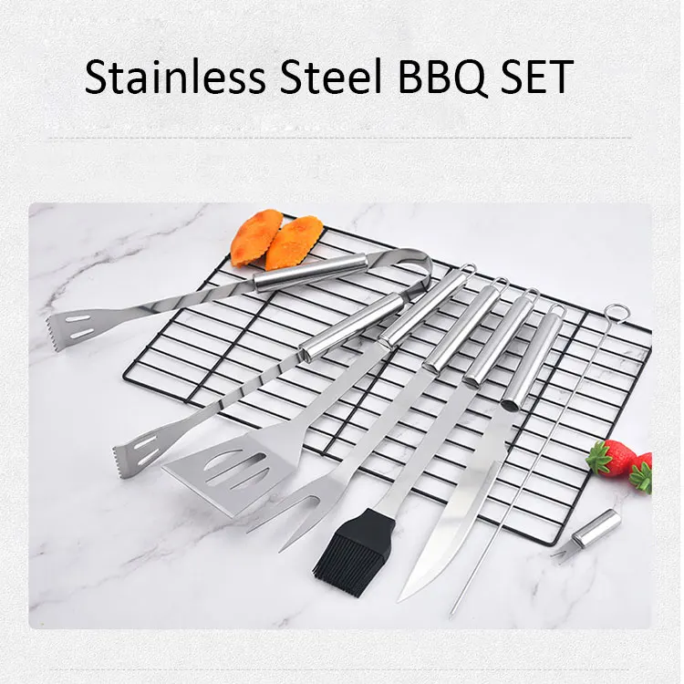 China Supplier Outside Kitchen Cooking Utensils Barbecue Grilling Accessories 13 Pieces Stainless Steel BBQ Set with Cloth Bag