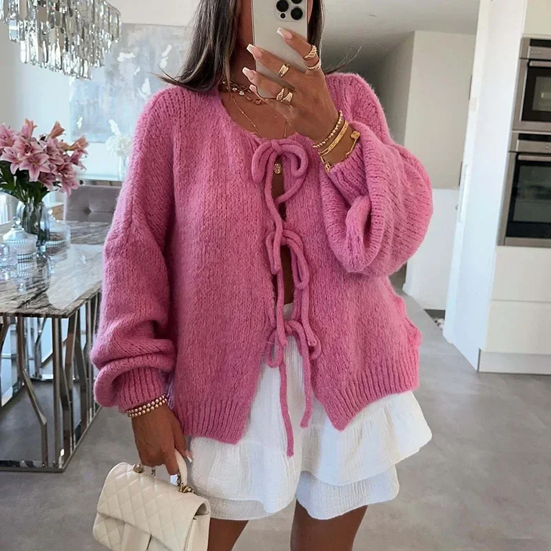Women Lace-up Sweaters Cardigan Round Neck 2024 Autumn Winter Female Solid Color Long Sleeve Knitted Tops Lady Elegant Knitwear
