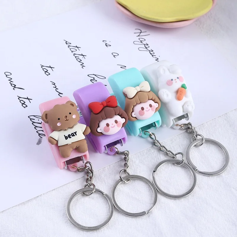 New Cartoon mini stapler key chain Macaron color student creative stapler convenient key ring pendant