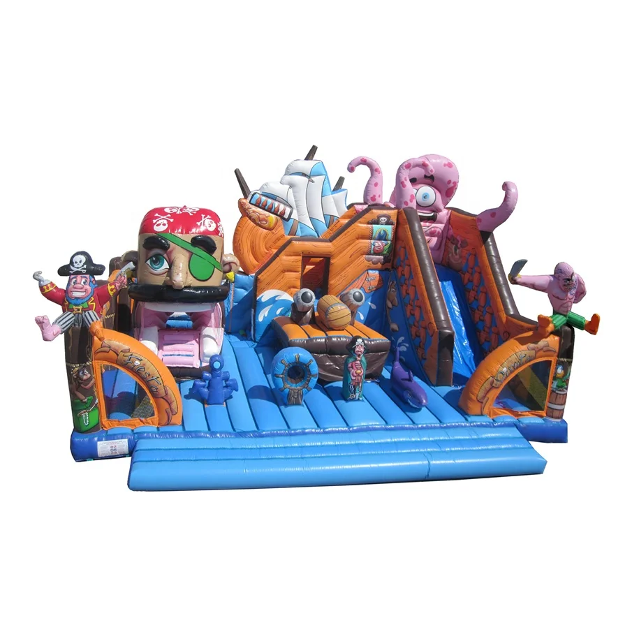 High quality PVC Jungle Animals Funland With Moving Tiger Mouth and Jump climb slides obstacles for kids