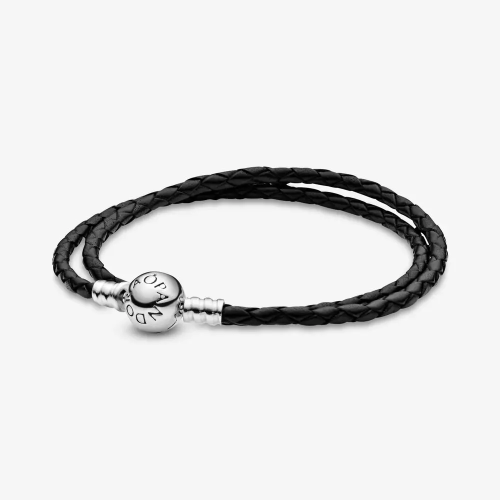 
925 Sterling Silver Round Logo Ball Clasp Moment Double Black Leather Bracelet Fit Pandora Charm bead DIY Jewelry for women gift 