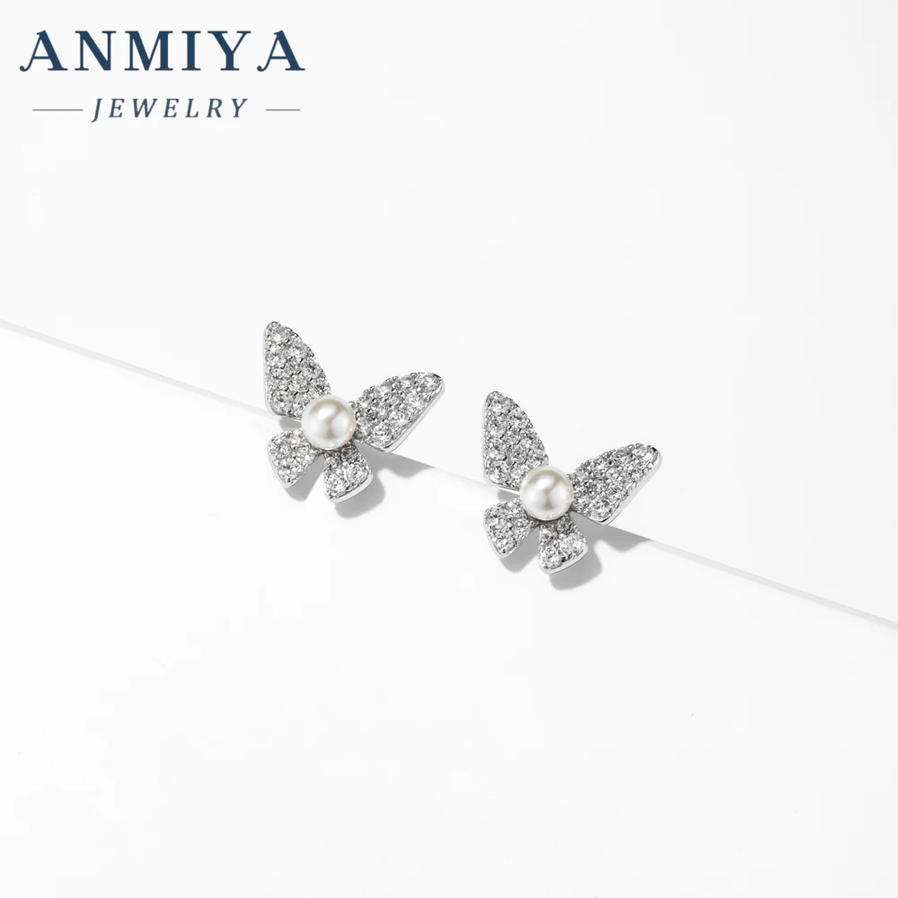 ANMIYA fashion 925 Silver jewelry vintage cz pearl butterfly earrings rhinestone pearl stud earrings
