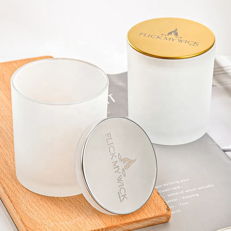 attractive scented  frosted glass candle cup used for candle making matched gold and silver metal lid as gift