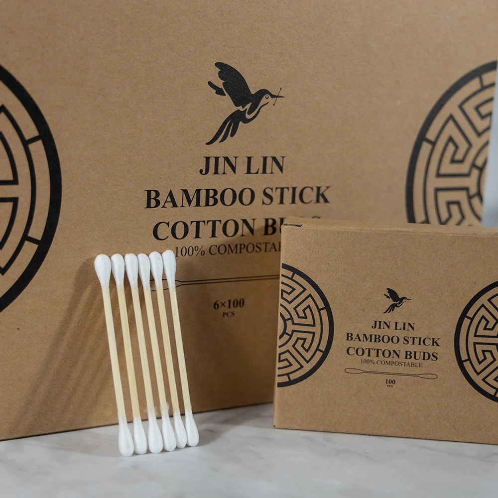 Eco-Friendly Recyclable Biodegradable 100Pcs Bamboo Sticks Cotton Swabs With Kraft Paper Box