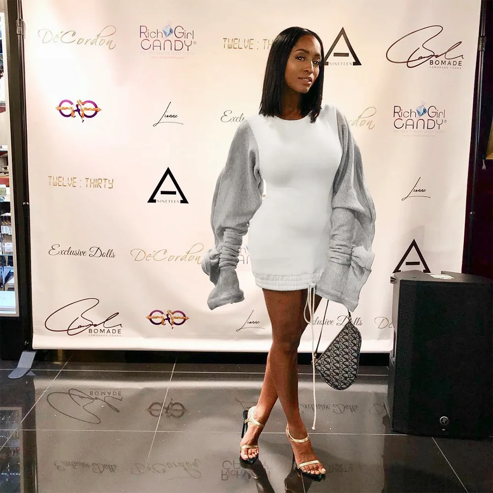 New arrival club outfits winter fall boutique personalized casual white velvet puff sleeve dress