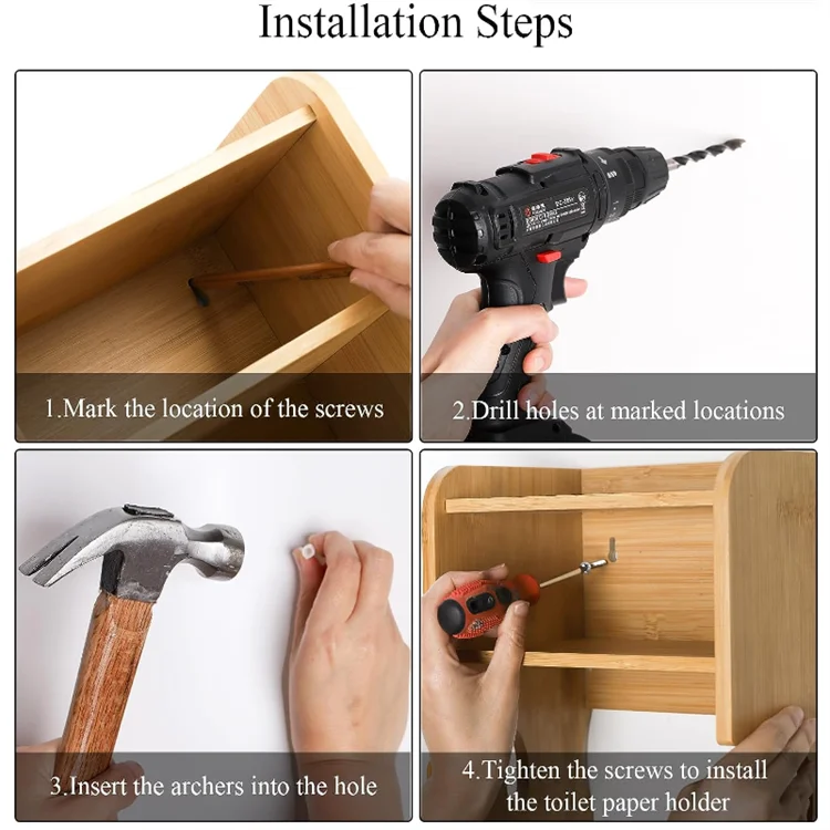 Wall-Mounted Bamboo Toilet Paper Holder with Shelf and Storage Organizer for Office Metal and Plastic Material