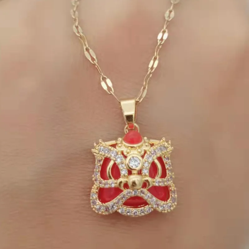 Chinese style male lion head female retro ethnic style jade jewelry national tide collarbone chain