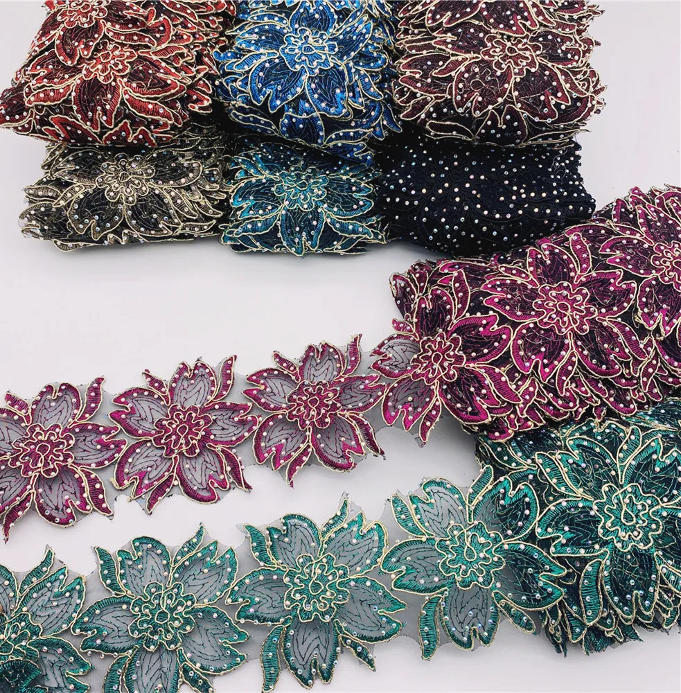Wholesale  flowers rhinestone  Embroidered Diy   lace trim Ribbon Sewing on African Nigeria Supplies Crafts