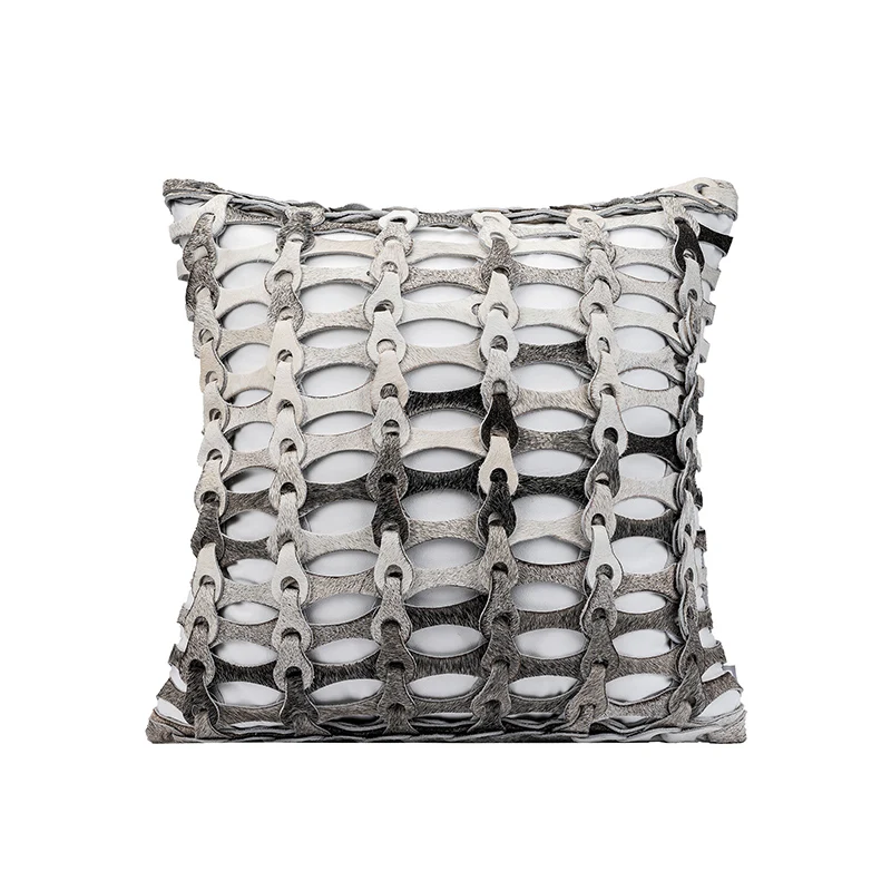 Modern simple style light luxury gray genuine cowhide leather hand woven pillow case