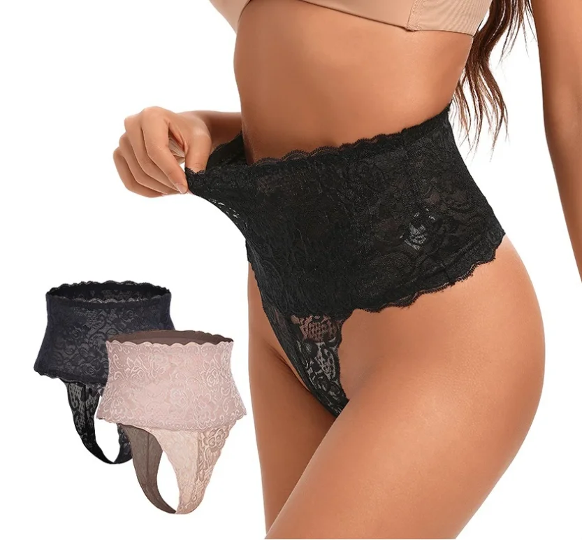 2024 Newest Stock Black Skin Sexy High Waist Thong Bikini Shaper Panties Lace Trim Underwear Womens Sexy Underwear for Adults
