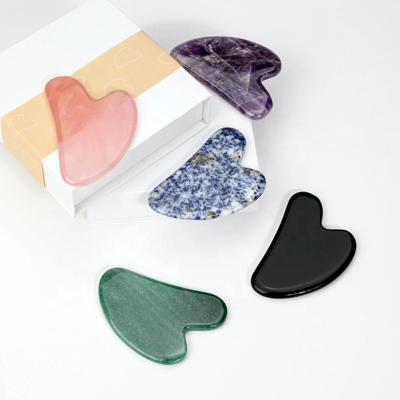 Custom Logo Heart-Shaped Gua Sha Personalized Guasha Board Natural Quartz Jade Stone Amethyst Facial Massager