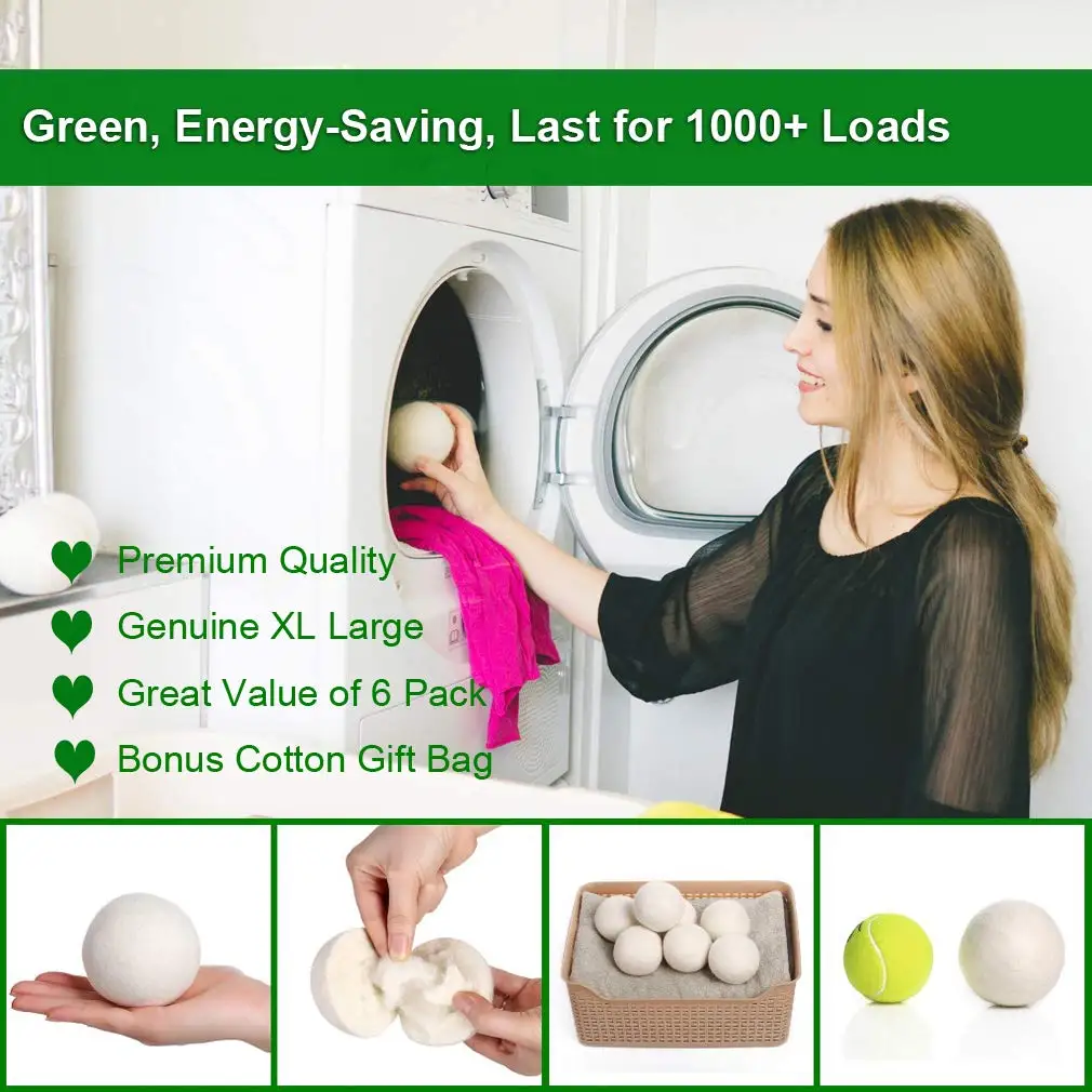 Wool Dryer Balls XL 6 Pack 100% New Zealand Wool Organic Fabric Softener Hypoallergenic Baby Safe & Unscented Wool Dryer Balls