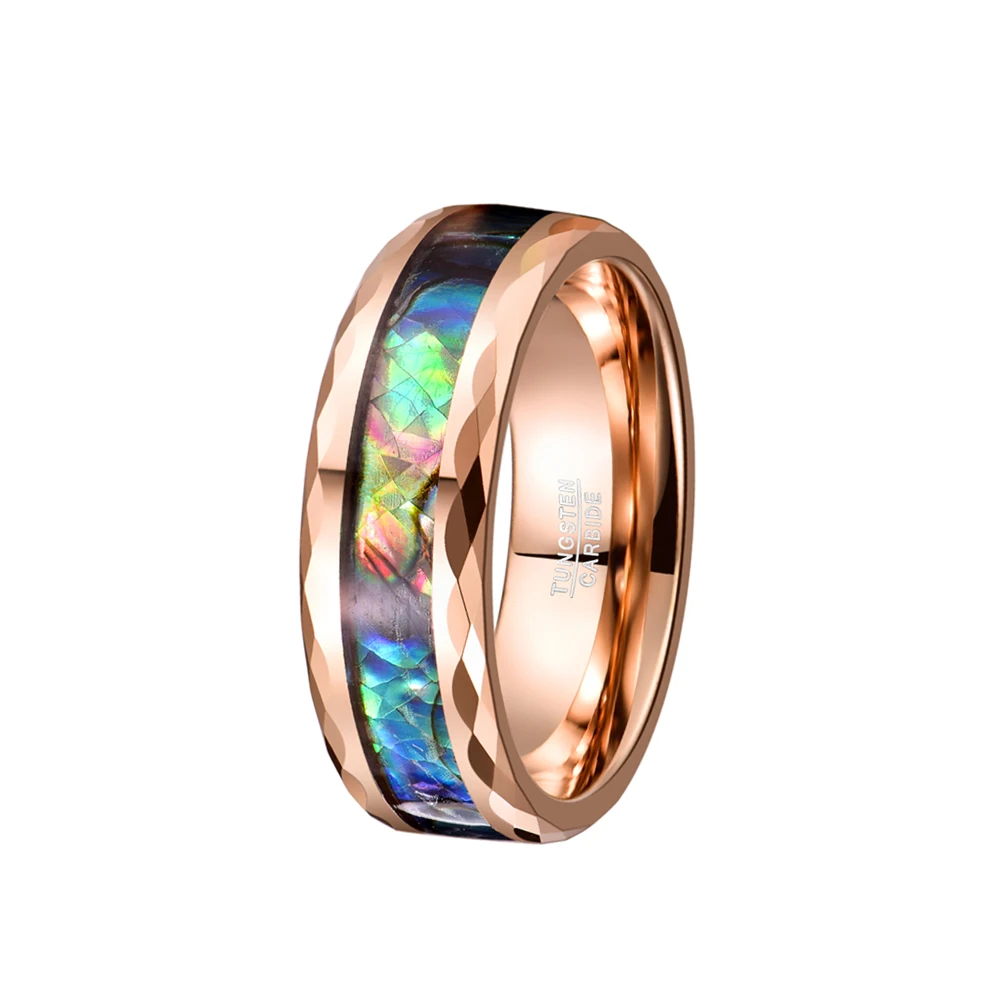 new 8mm Luxury rose gold polished faceted two edge+ middle tungsten steel ring with abalone shell for men finger rings