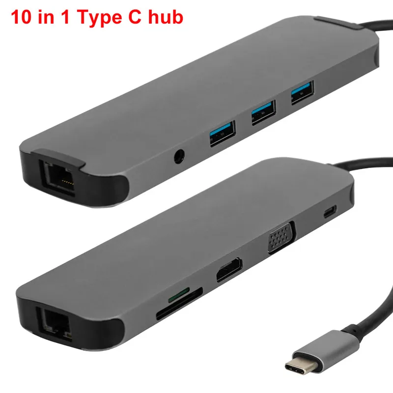 High end, adapter with HDMI / VGA/ USB3.0/ RJ45/ PD/ Stereo Audio/ SD/ Micro SD 10 in 1 USB C Hub for Laptop