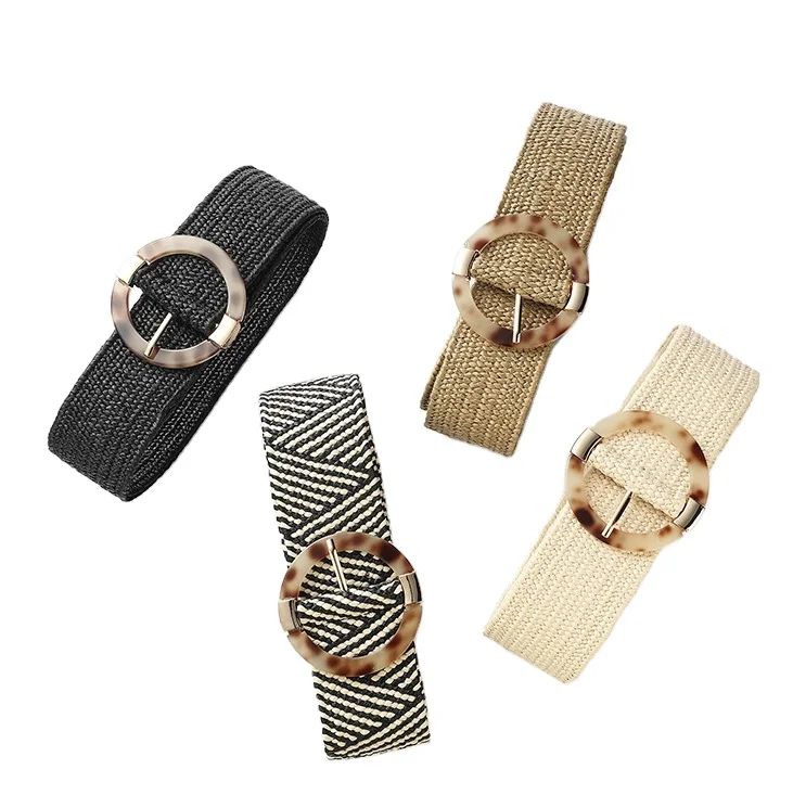Vintage Bohemian Wide Straw Belt PP Straw Elastic Waist Plastic Buckle Wild Braided Belt Female Shirt Dress Straw Belt