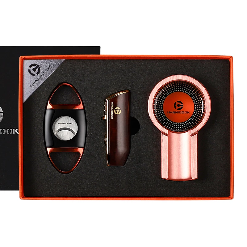 Portable 3-Piece Cigar Accessory Set Zinc Alloy Lighter Ashtray Cutter with Custom Laser Logo Gift in Gift Box Packaging