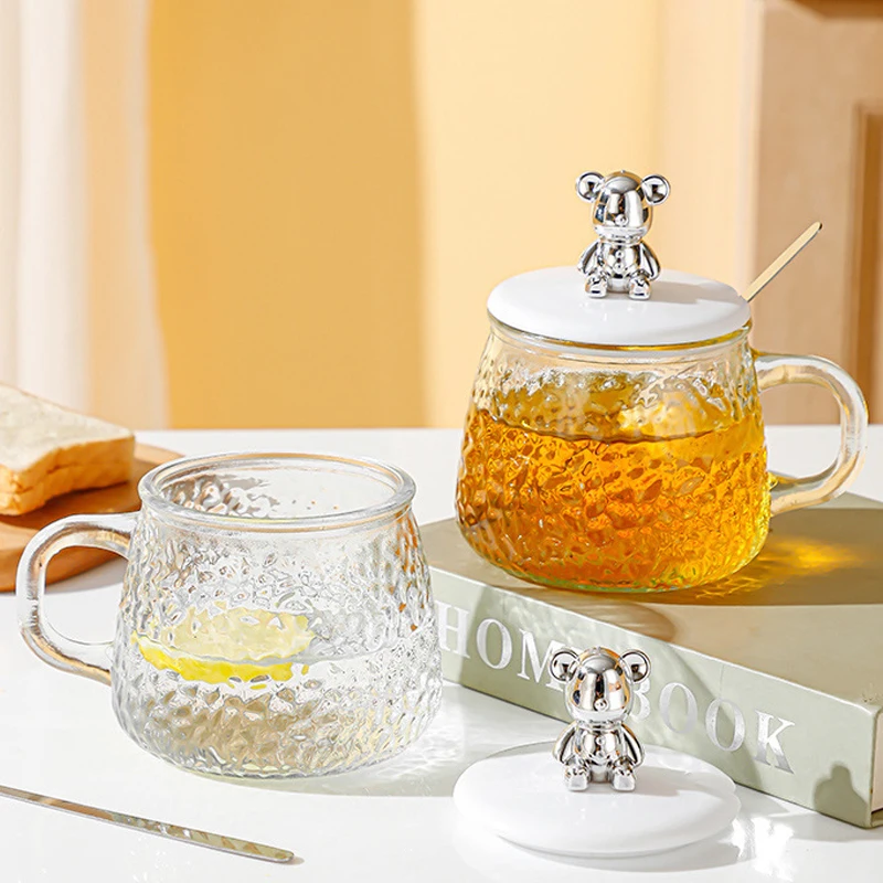 Ins Style Cartoon Bear Glass Cup Home Office Cute Coffee Cup High Beauty Mug with Lid and Spoon