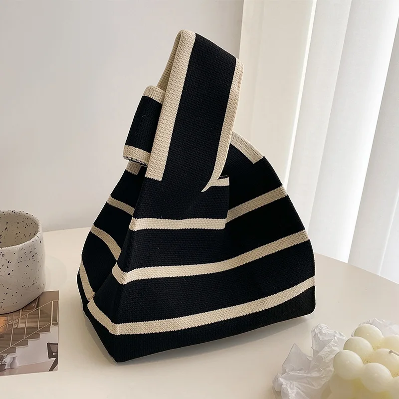 Japan Korea Factory Price Fashion Striped Pattern Shoulder Bag Capacity Tote Knitting Wool Woven Crochet Knitted Bag for Women