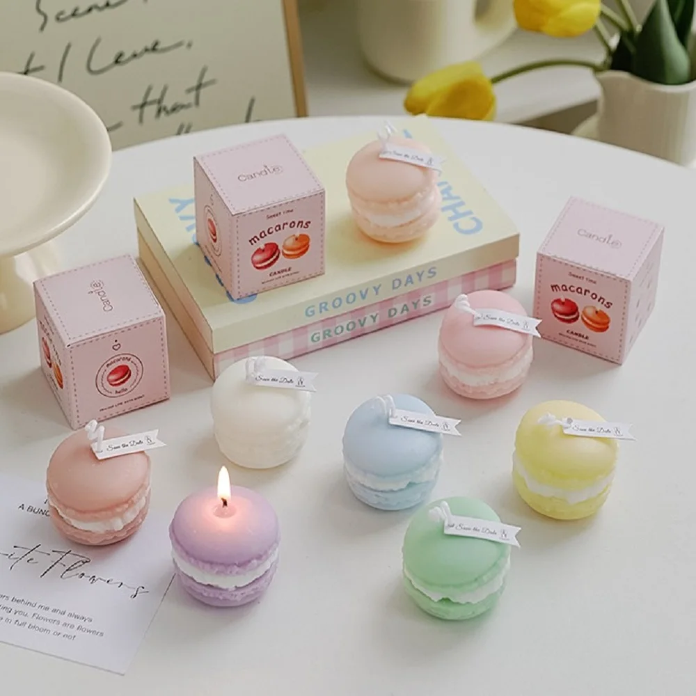 Wholesale INS Macaron Food Cake Dessert Shaped Aroma Flavored Scented Candles For Wedding Gift Home Decoration