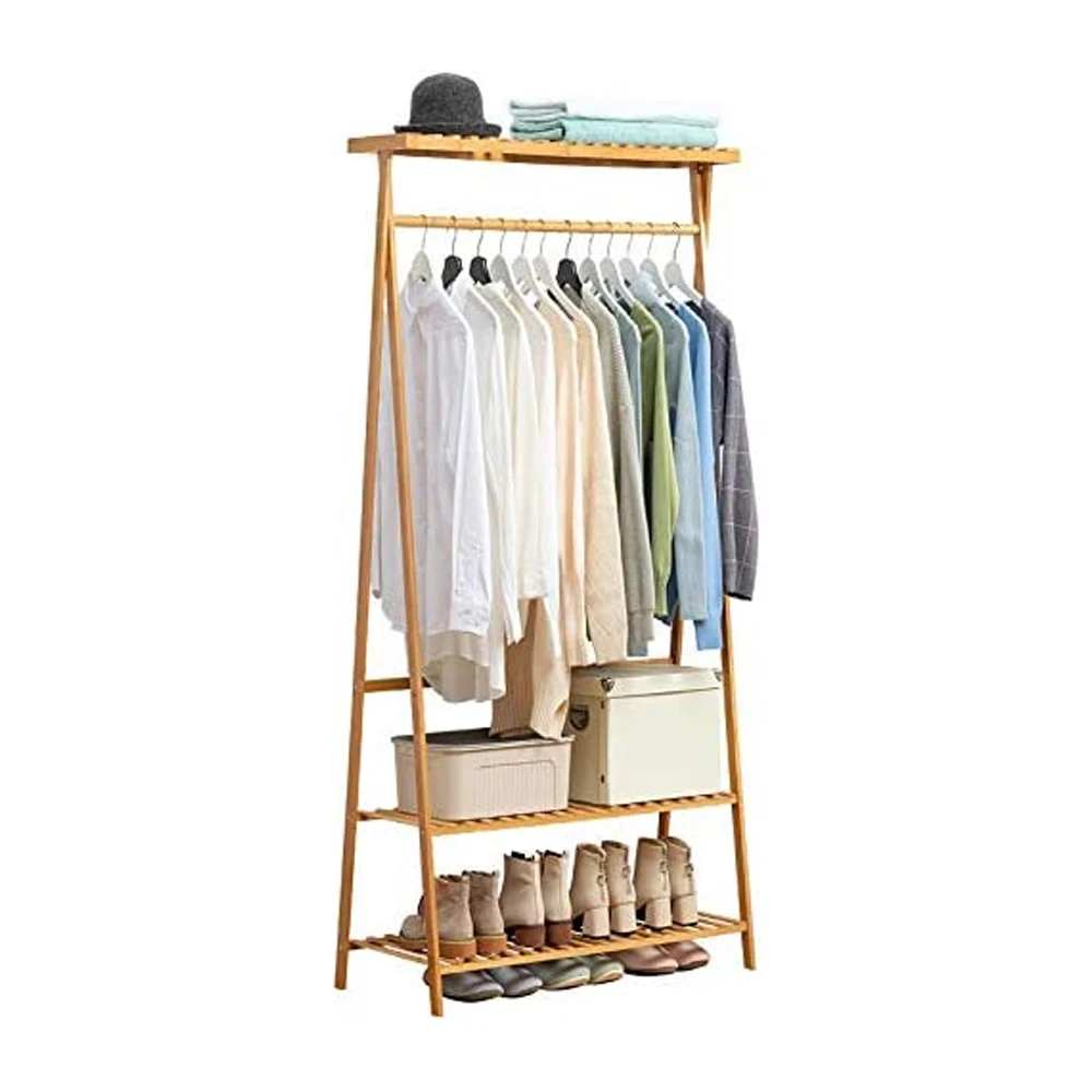 Two layer coat rack multi purpose shelf stable double triangle frame bamboo cloth hanger