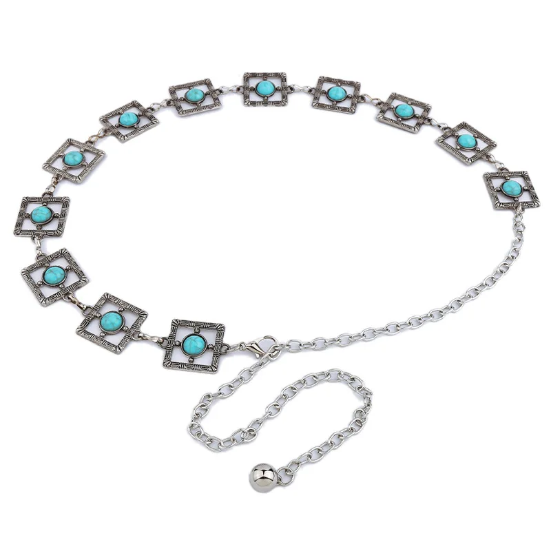 Оптовая продажа, модные аксессуары для ремней, цепной пояс, обтягивающий женский пояс, цепочка с бирюзовым камнем, лето