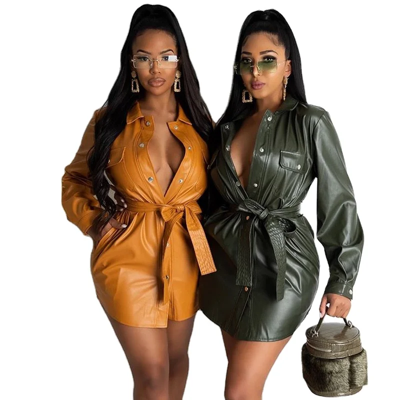 Женское платье большого размера из искусственной кожи с длинными рукавами и отложным воротником