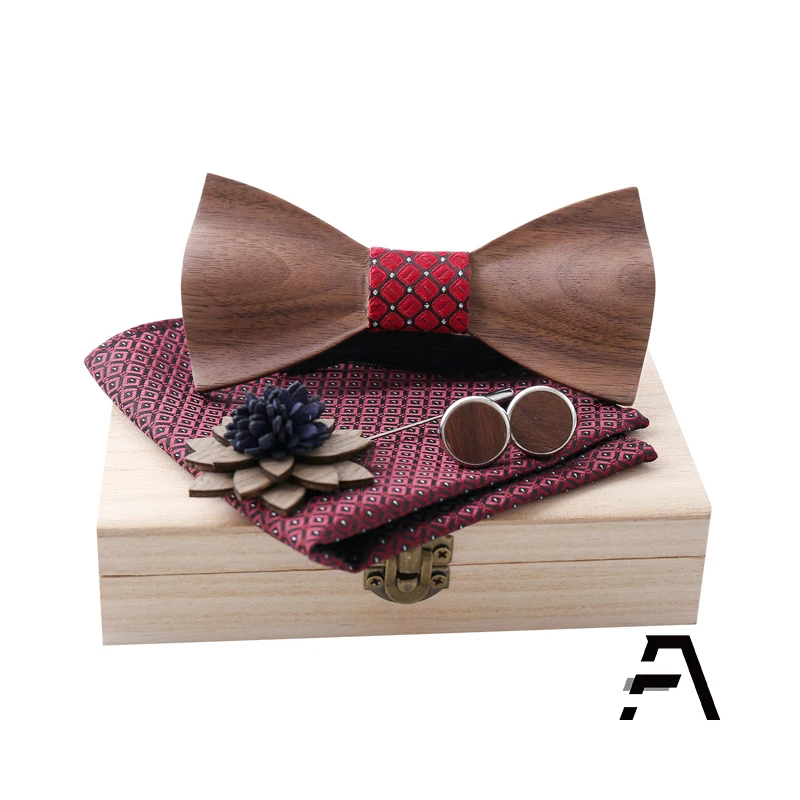 Mens Wood Bowtie Handkerchief Cufflinks Lapel Pin Set For Wedding
