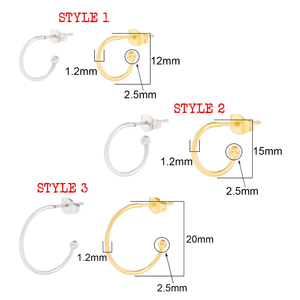 30PCS C Shape Stainless Steel Half Circle End Bead 2.5MM Wire Open Hoop Earring Stud Charm Basis Earring Hook for DIY Jewlery
