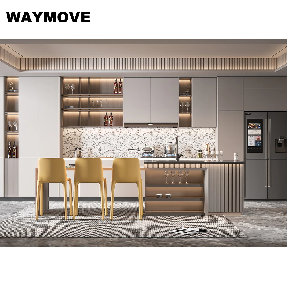 Современные серые кухонные шкафы WAYMOVE готовые к сборке голубя серого с лаковой дверной панелью и петлей включая раковину
