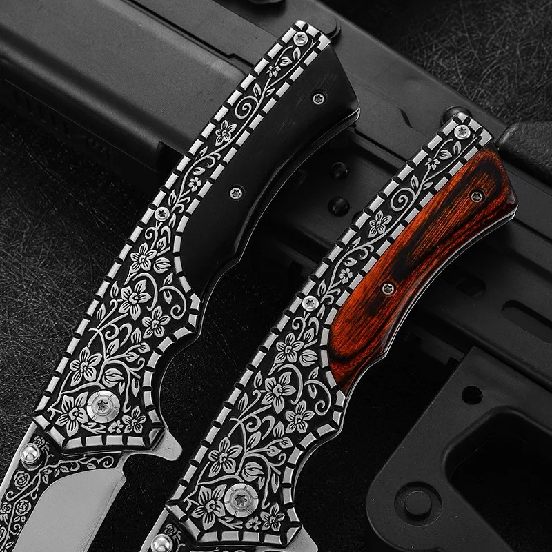 Free Sample Etched Pattern Bushcraft Folding Knife Color Wooden Handle Pocket Knives Outdoor Hunting Survival High Carbon Steel