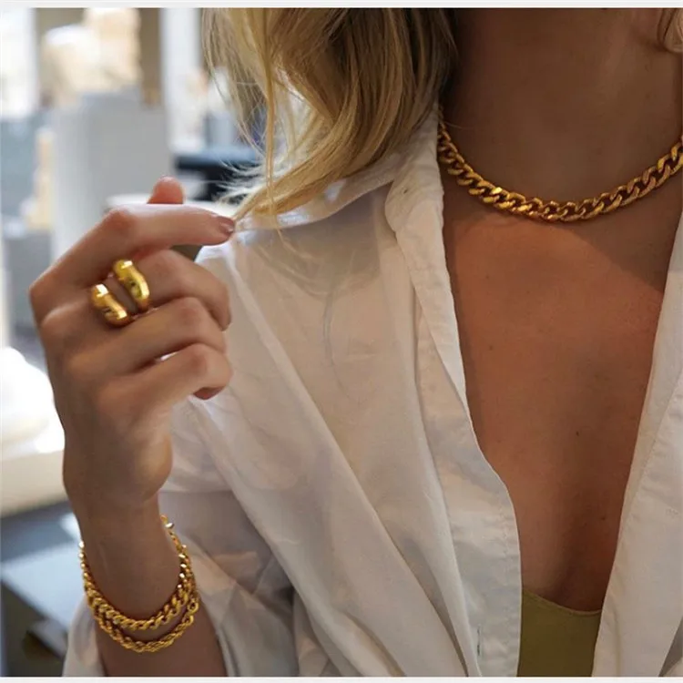 LC American Fashion 12mm Chunky Necklace Style 24 Karat Gold Filled Stainless Steel Gold Chain Necklace