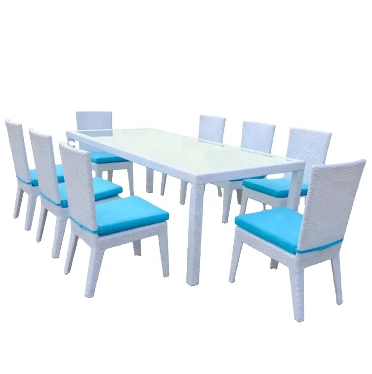 outdoor furniture rectangle long dining table set 8 seater table and chair paito rattan furniture white color garden dining set
