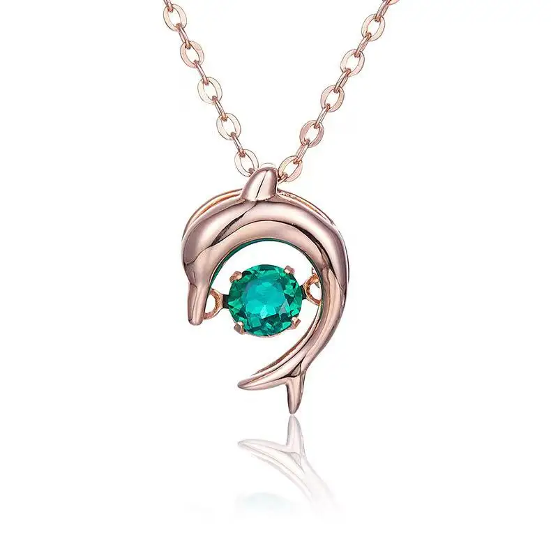May birthstone lab zambian green dainty dolphin necklace gold plated jewelry 925 sterling silver emerald pendant